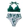 2Pcs/Set Women Sexy Bikini Set Halter Solid Color Bra Leaf Print High