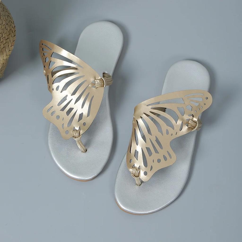 Летние женские тапочки на плоской подошве, новые модные сандалии с бабочками и ремешками для женщин, повседневная пляжная обувь для отдыха, женские шлепанцы