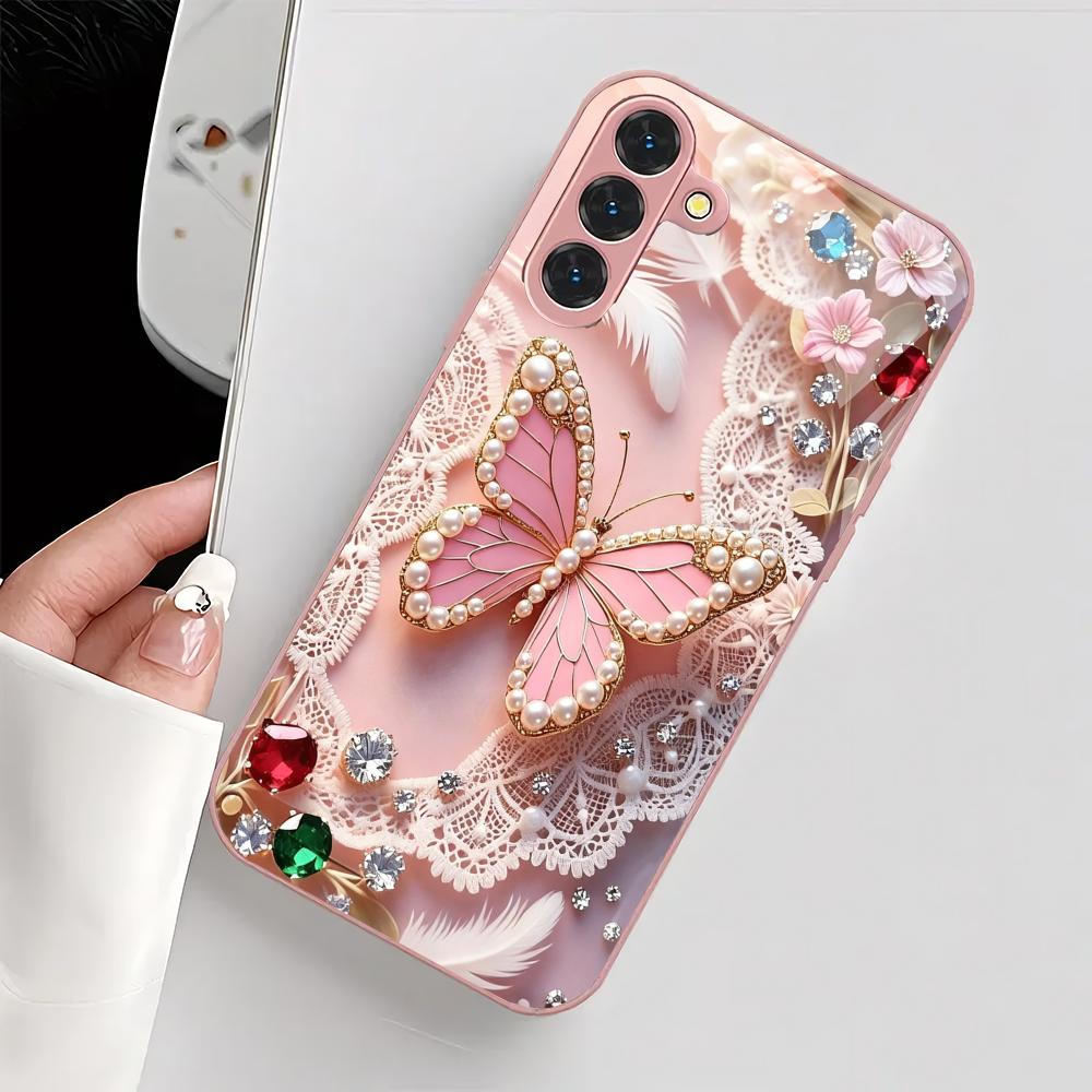 Розовый 2D Бабочка Металлическое Стекло Чехол для Телефона Подходит для Samsung GalaxyS26 S25 S24 S22 S21 S20FE/Ultra/Plus Противоударная Задняя Крышка