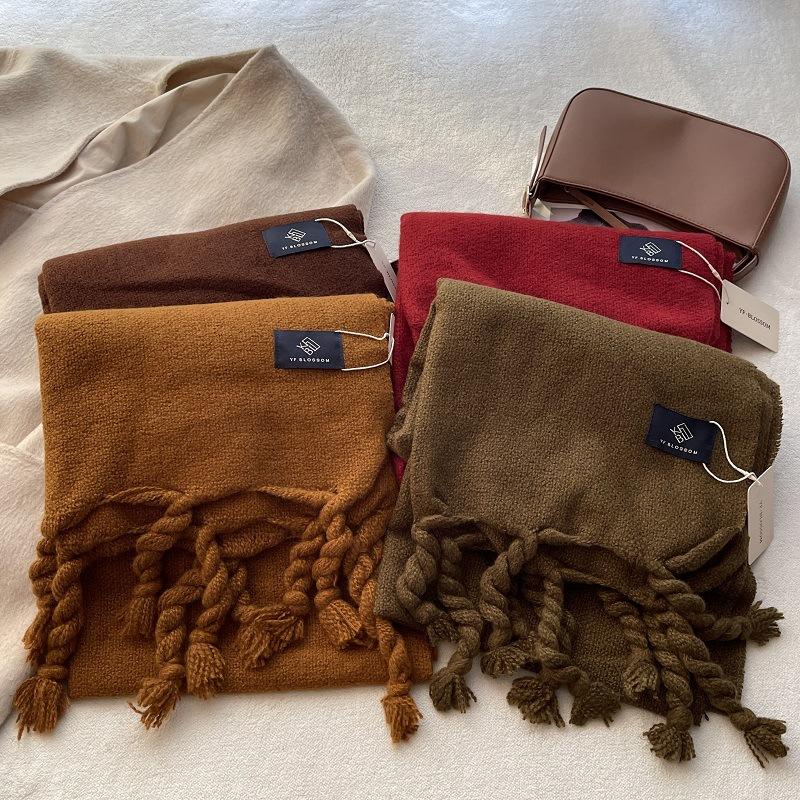 Simple Classic Solid Scarf Women Large Tassel Winter Imitation Cashmere Thick Warm Student Shawl Female Chic Muffler Fall Ladies