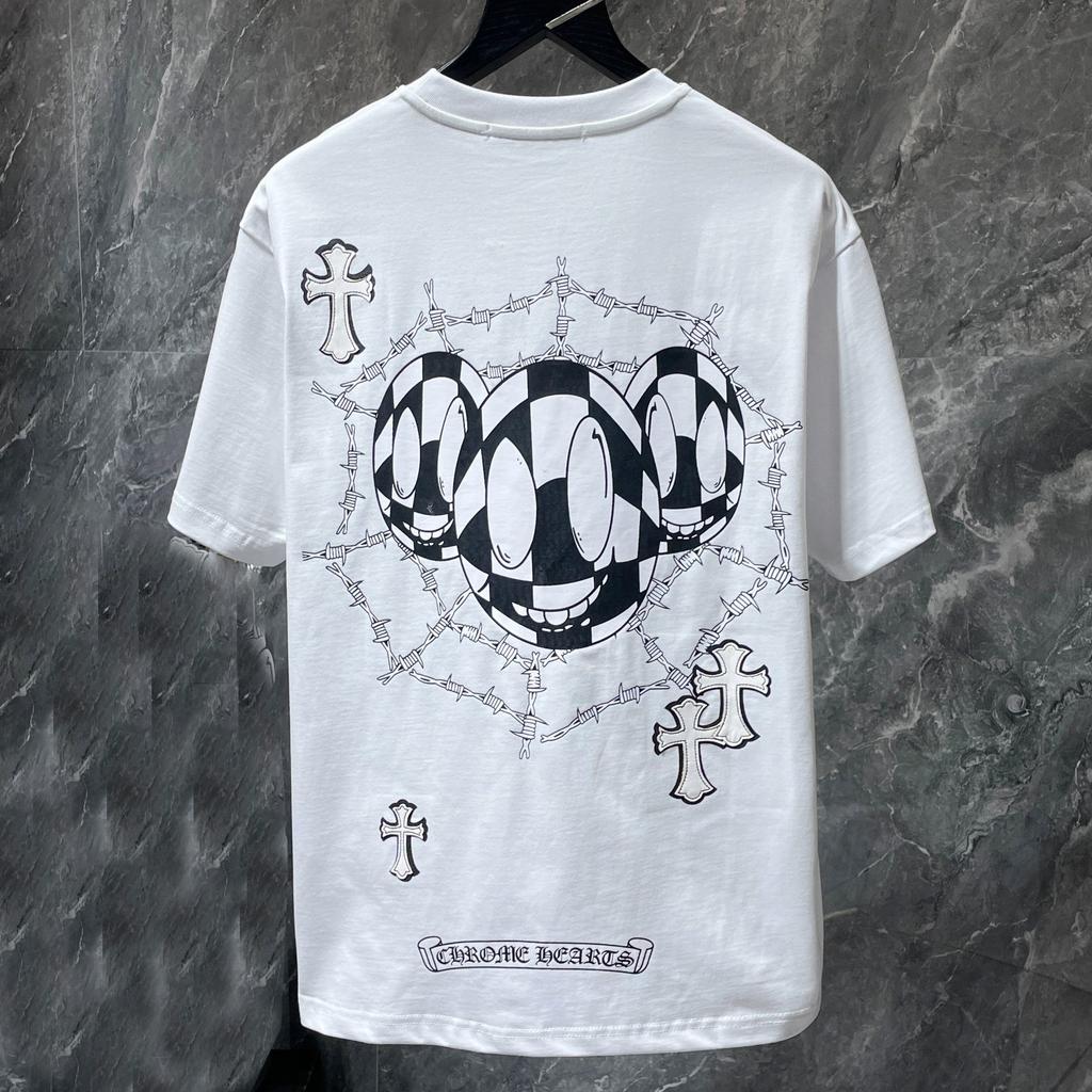 8553 CHROME HEARTS Лето 2026 Новая Высококачественная Хлопковая Круглый Вырез Свободная Большого Размера Мужская и Женская Футболка Футболка для Пары