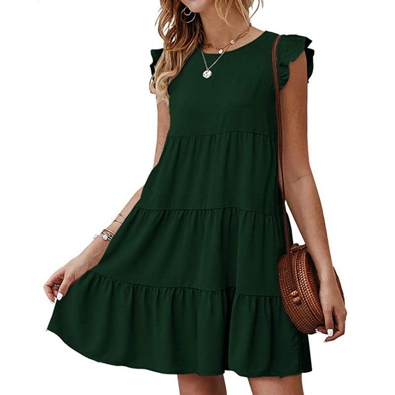 Women's Summer New Solid Round Neck Short Sleeve Casual Cake Dress Pleated Swing Dress