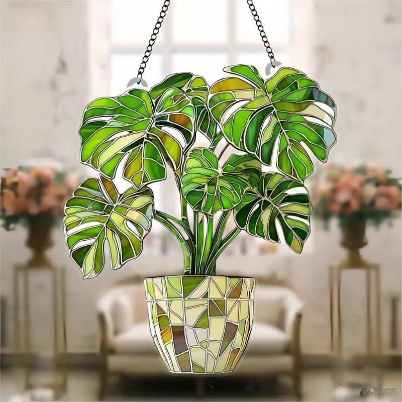 Красочная акриловая подвесная табличка с комнатным растением в горшке для украшения уличной вечеринки на лужайке, погодоустойчивый дизайн, оконное украшение