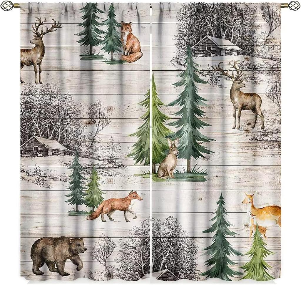 Country Forest Curtain Wild Animal Bear Deer fox Wolf Country Printed Curtain Semi-blackout Drape Bedroom Window Living Area Room Pair Of 2 Panels