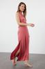Women's Fashion Dusty Rose Belted Maxi Knitted Tie Beach Dress