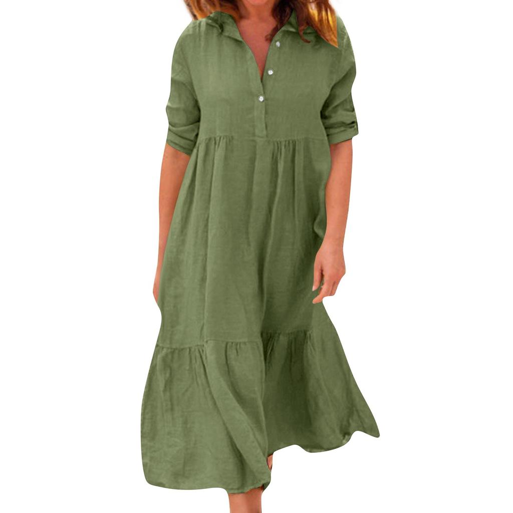 Женская мода в стиле ретро, ​​однотонная хлопковая и льняная длинная классическая рубашка с воротником и пуговицами, повседневная юбка