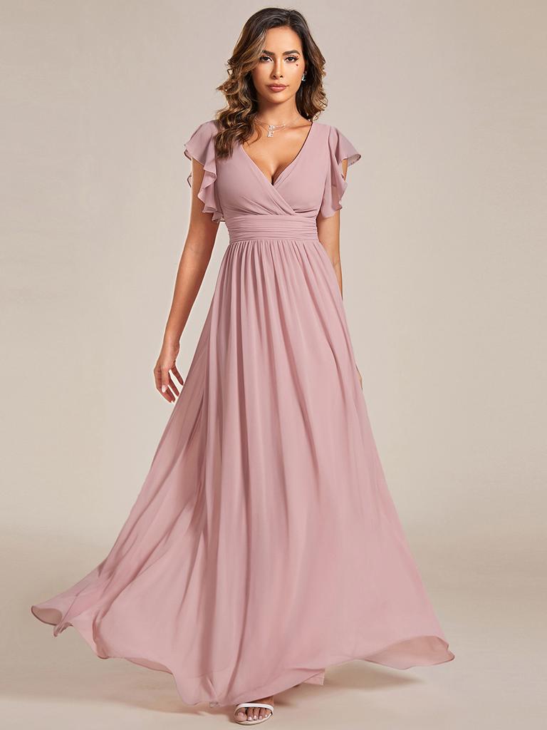 Ever-Pretty Women's A-Line V Neck Pleated Belted Ruffles Sleeves Open Back High Waist Bridesmaid Dresses