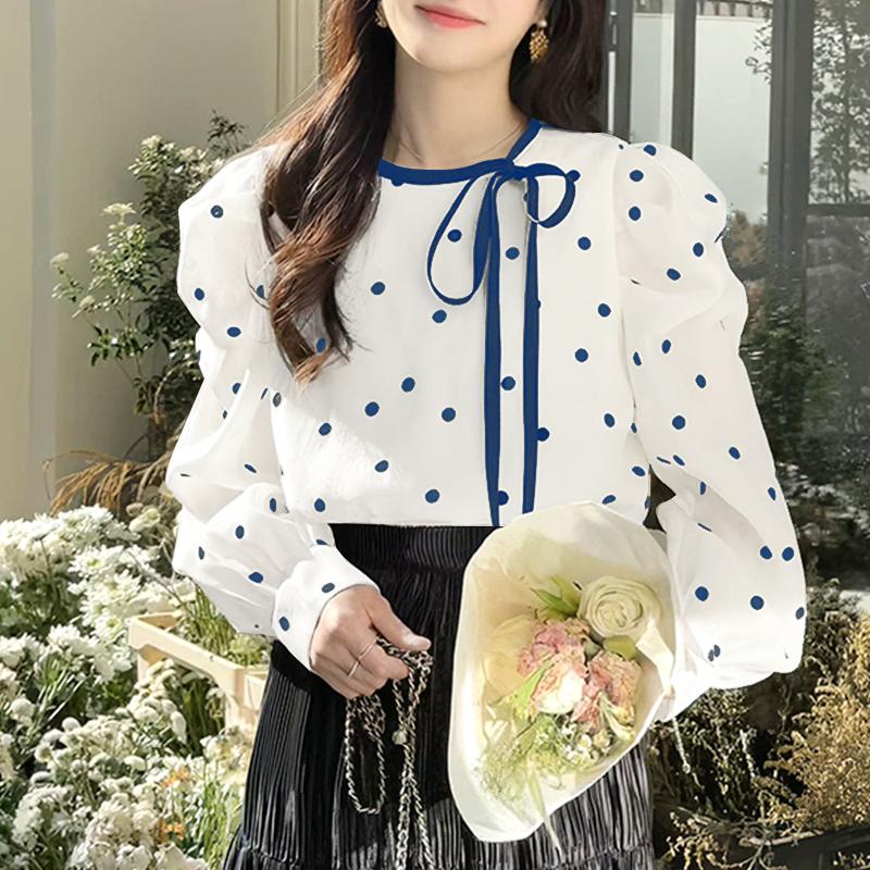 VONDA Женские осенние блузки с круглым вырезом и длинным рукавом в горошек на шнуровке