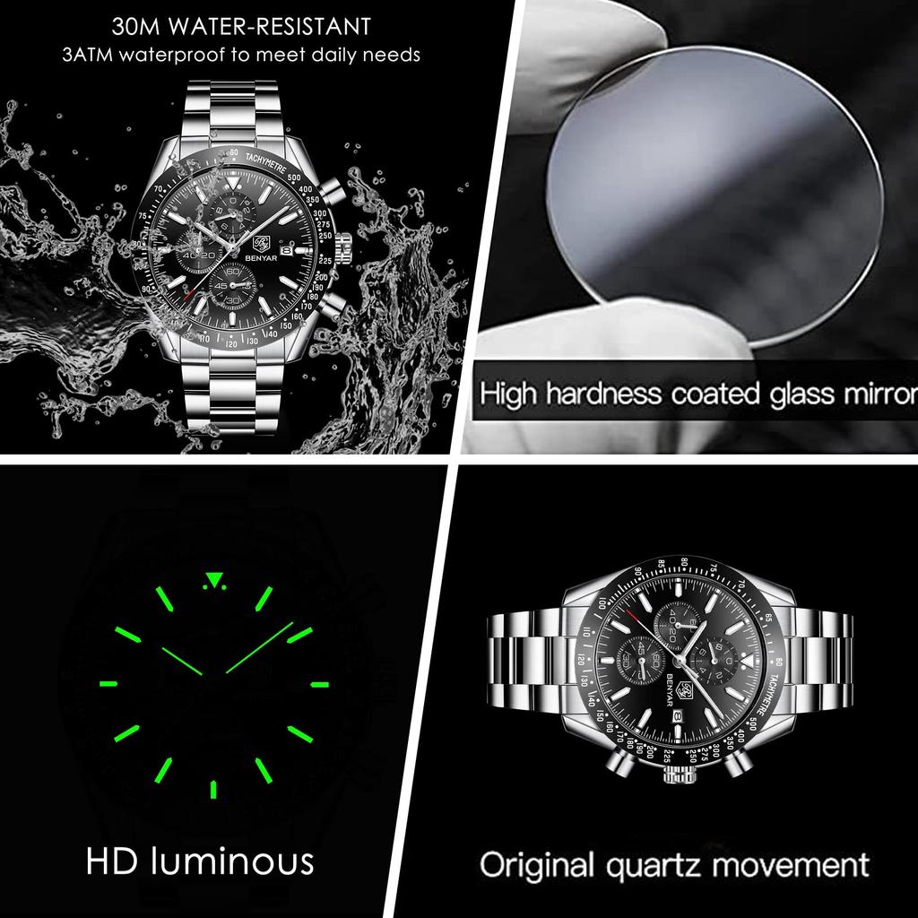 BENYAR AKNIGHT Watch Stylish Watch Watch Luminous Chronograph Fixed Bezel Analog Calendar Arm Watch Waterproof Japanese Quartz Watch Steel Band