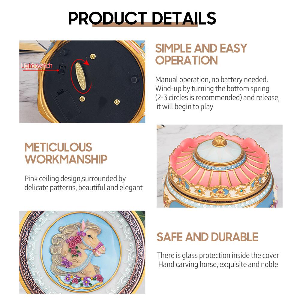 Светящаяся музыкальная шкатулка-карусель с красочной световой каруселью, заводной музыкальной вращающейся лошадью