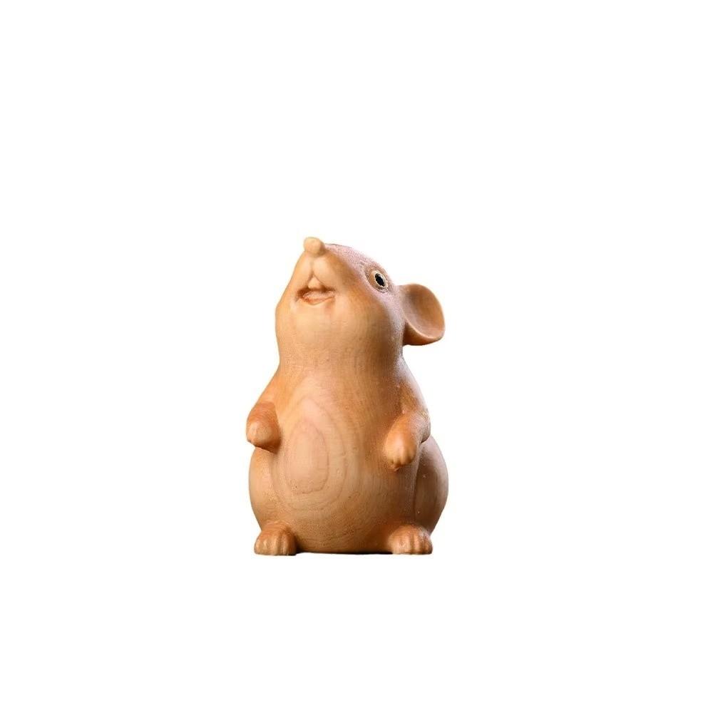 Cute Hamster Statue Funny Decorative Animal Figurine New Wood Carved Zodiac Mouse Office Gift