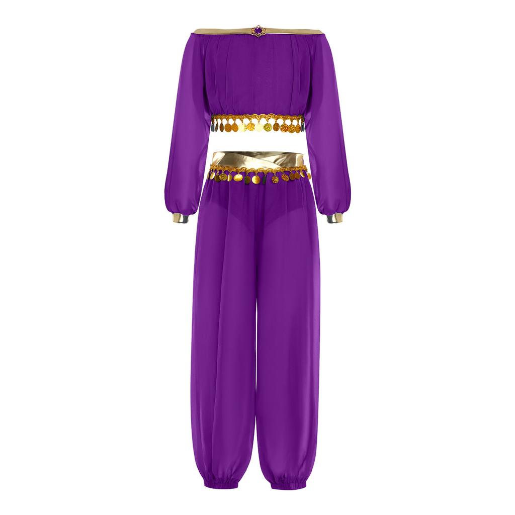 Костюм для восточных танцев для девочки Топ с пайетками и бахромой Брюки со встроенными трусиками Украшение стразами Наряд с длинным рукавом