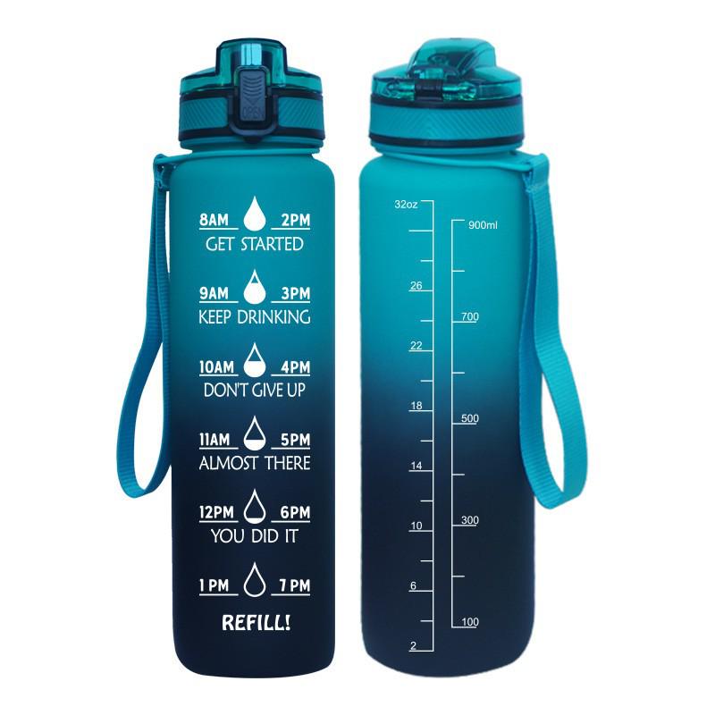 Tritan Frosted 1000ml Plastic Water Bottle with Time & Capacity Scale, Portable Handle