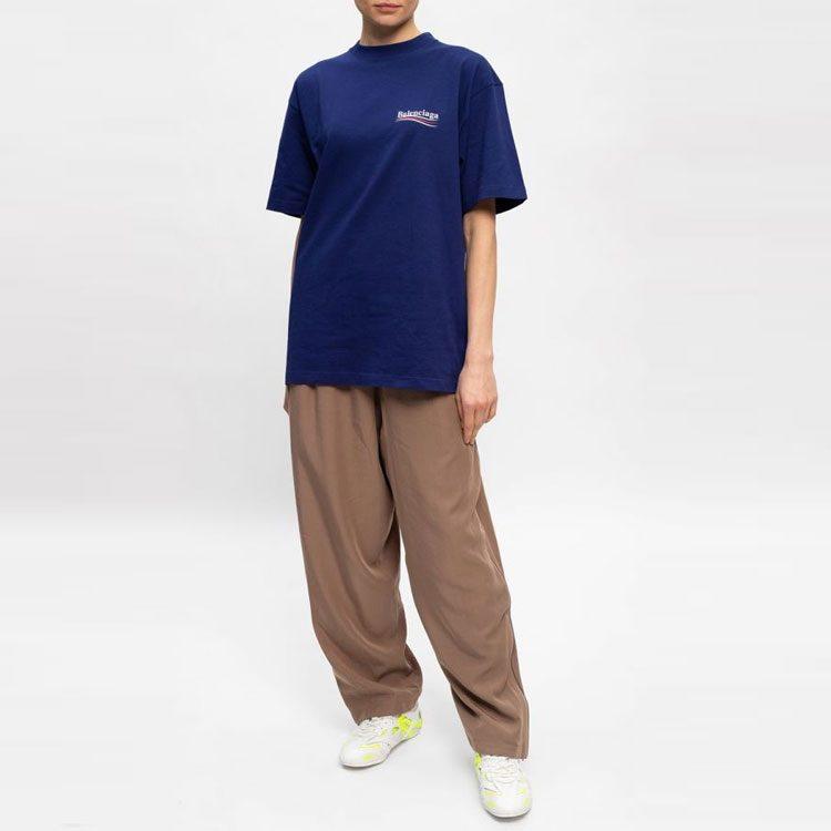 Balenciaga Женская темно-синяя свободная футболка с опущенными плечами 641655TIV521195