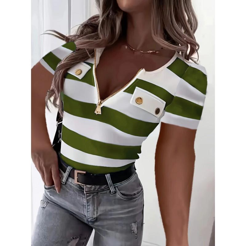 Striped V-Neck Short Sleeve Top Women - Slim Fit Office Chic T-Shirt With Cutout Detail