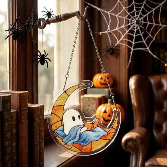 Black Cat Moon Wall Art Halloween Ghost Acrylic Puzzle Suncatcher Colorful Window Hanging Ornament Stained Autumn Theme Ornament Glass Style