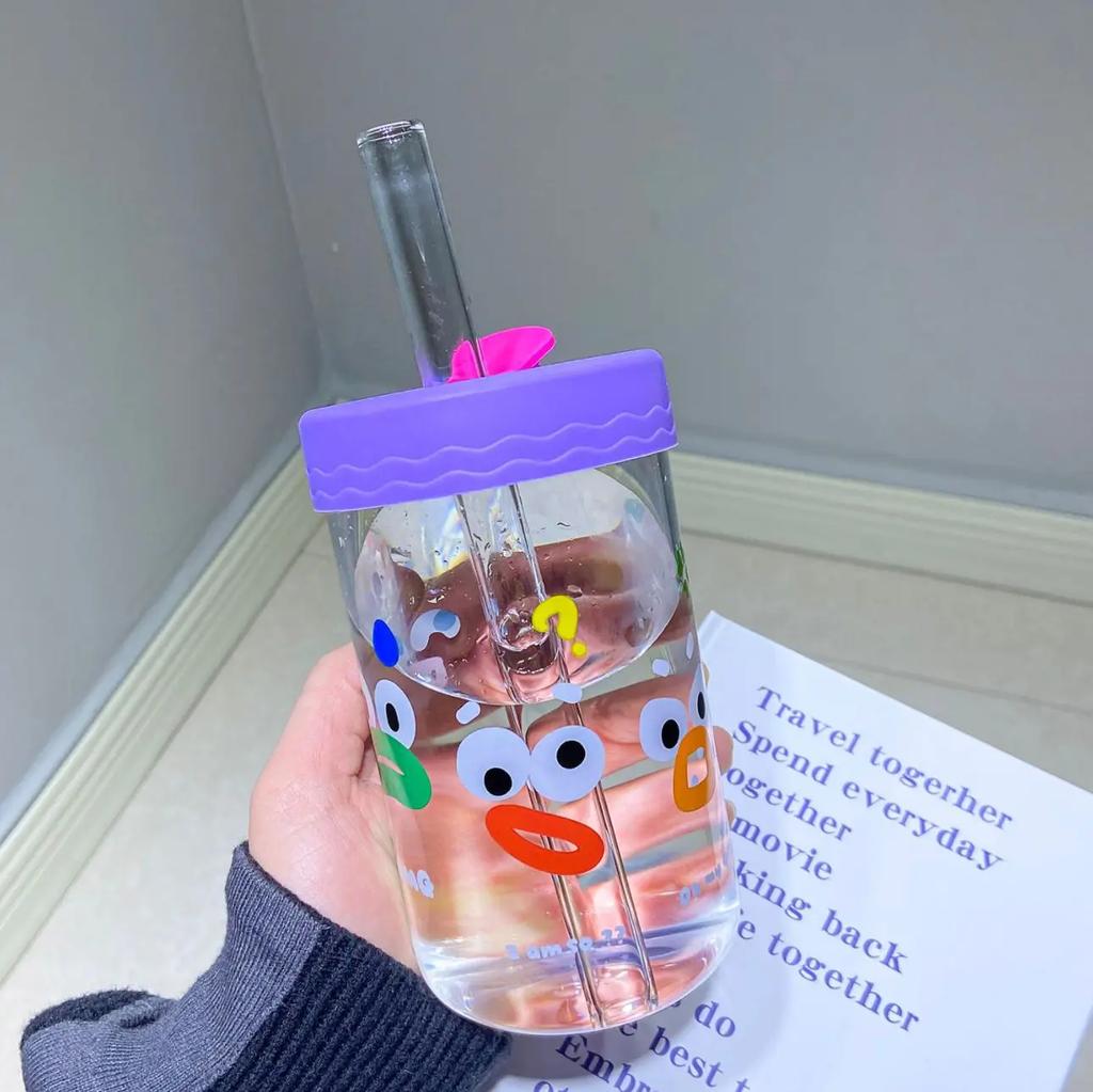 550ml Cute Kawaii Glasses With Lid and Straw Bubble Tea Cup Glass Cups For Coffee Mug Juice Can Milk Mocha Water Cup Drinkware