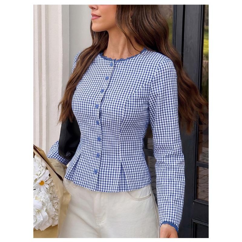 Women S Sweet Plaid Long Sleeve Shirt Lace Trim Fitted Short Blouse