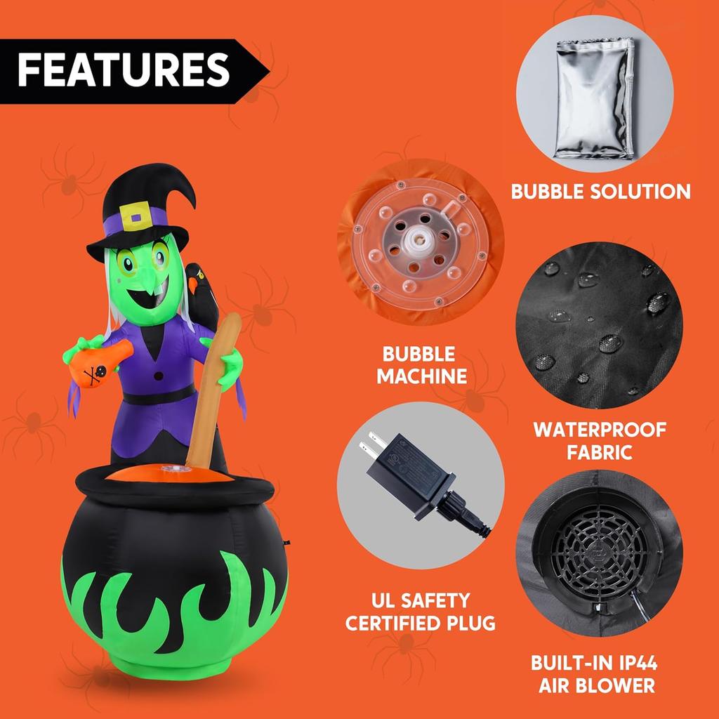 JOYFY 6 FT Halloween Witch Inflatables Outdoor Decorations Cauldron with Bubbling Potion and Light Inflatable Decorations