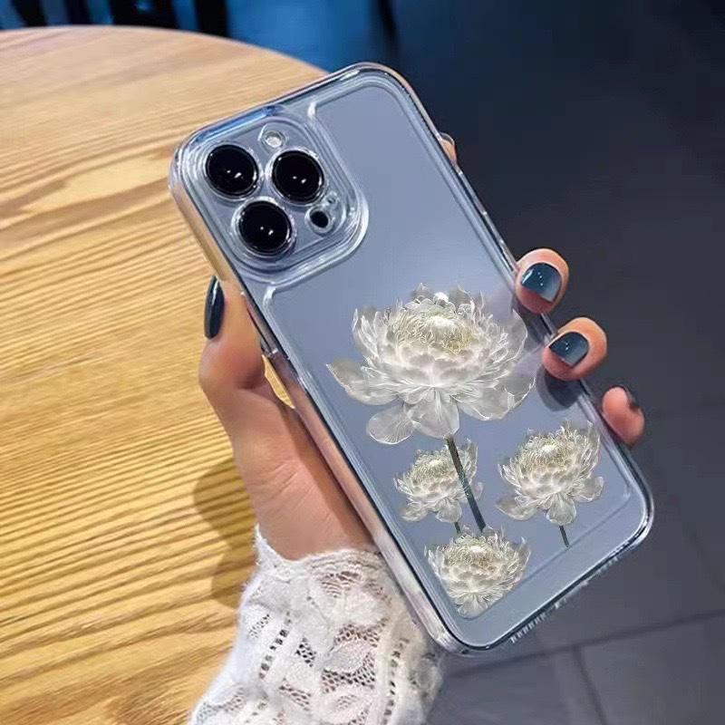 Силиконовый чехол White Lotus для iPhone 11/12/13/15 Pro Max с полной защитой и цветочным дизайном