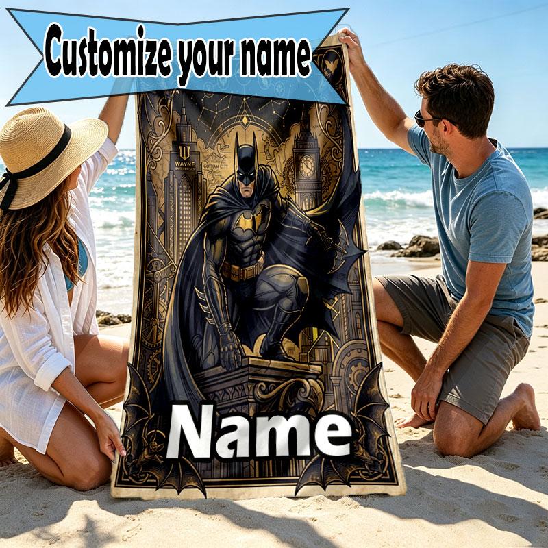 Custom Name Personalized Batman Print Beach Towel, for Trip Camping Beach Party Home Decor, Birthday Gift for Family & Friends