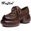 Fujin/женские туфли на плоской подошве с круглым носком 7 см, женские туфли на платформе, летняя модная обувь из коровьей натуральной кожи, весенне-осенняя обувь на шнуровке Мэри Джейн