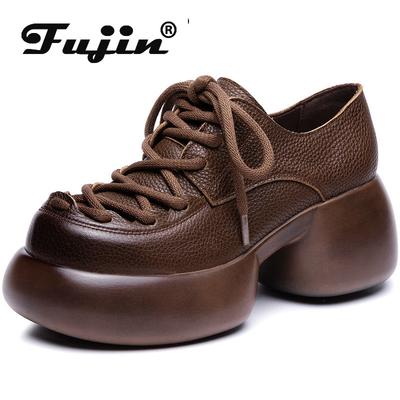 Fujin/женские туфли на плоской подошве с круглым носком 7 см, женские туфли на платформе, летняя модная обувь из коровьей натуральной кожи, весенне-осенняя обувь на шнуровке Мэри Джейн