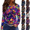 Women's Fashionable Casual  Neck Long Sleeve Hem Split Carnival Print T-Shirt Top