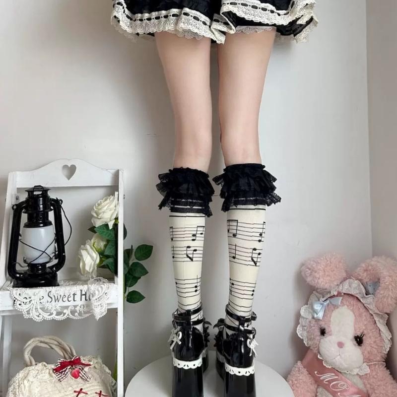 Cotton Knee Length Socks for Women Ruffle Lace Top Grunge Skull Music Note Print Stockings for Dance and Everyday Use