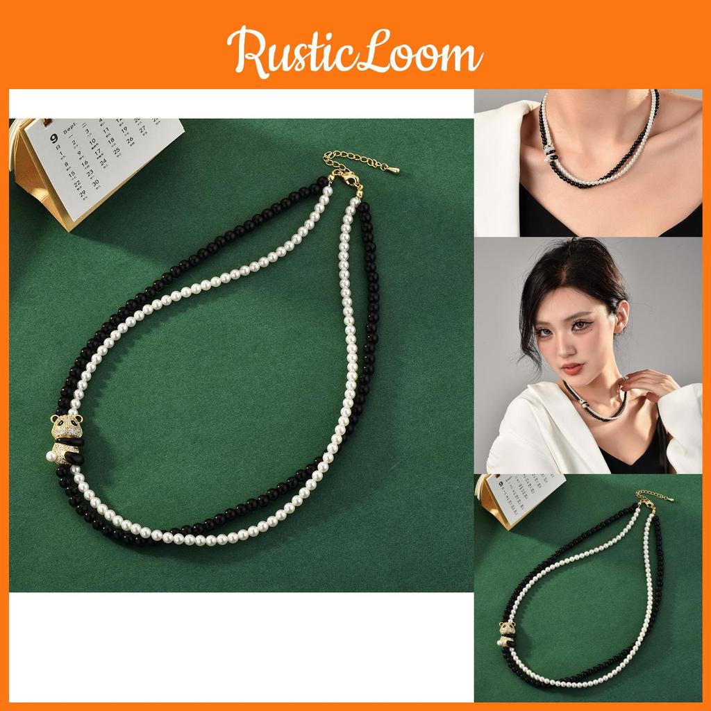 Elegant Double Layer Pearl And Crystal Choker Necklace With Panda Design For Stylish Individuals