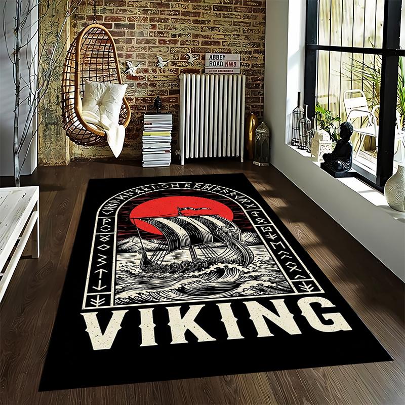 Viking Ship Carpet with Red Sun, Runic Border, Black Nordic Decor Suitable for use as an anti-slip for living room bedroom sofas