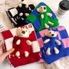 Korean Style Red Bear Checkered Winter Scarf - Women's Warm Knit Neck Warmer