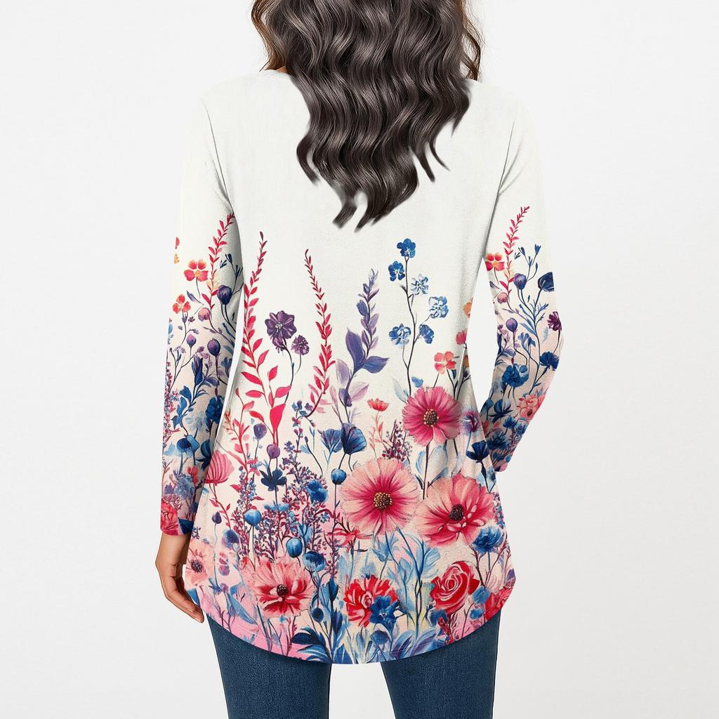 Women's Casual Plus SizeLong Sleeved Round Neck Vintage Ethnic Printing T-shirt Top Pullover