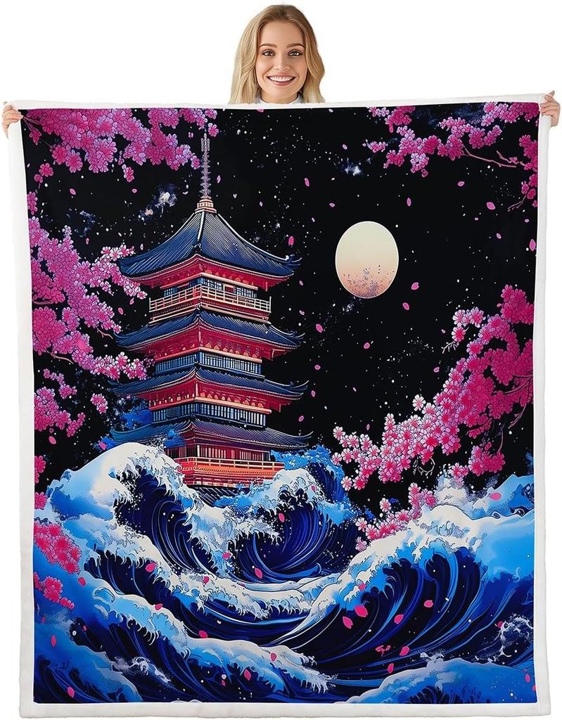 GUOYU Blanket Japanese Style Blankets and ThrowsCrane and Sun Blanket Throw for Kids AdultsCherry Blossom Fleece Blanket Oriental Painting