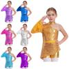 Girls Peplum Leotard Dance Costume Asymmetric Cold Shoulder Design with Sheer Mesh Ruffled Sleeves Bodysuit
