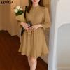Women Casual Stand Neck Long Sleeve Pleating Ruffled Mini Elegant Dress