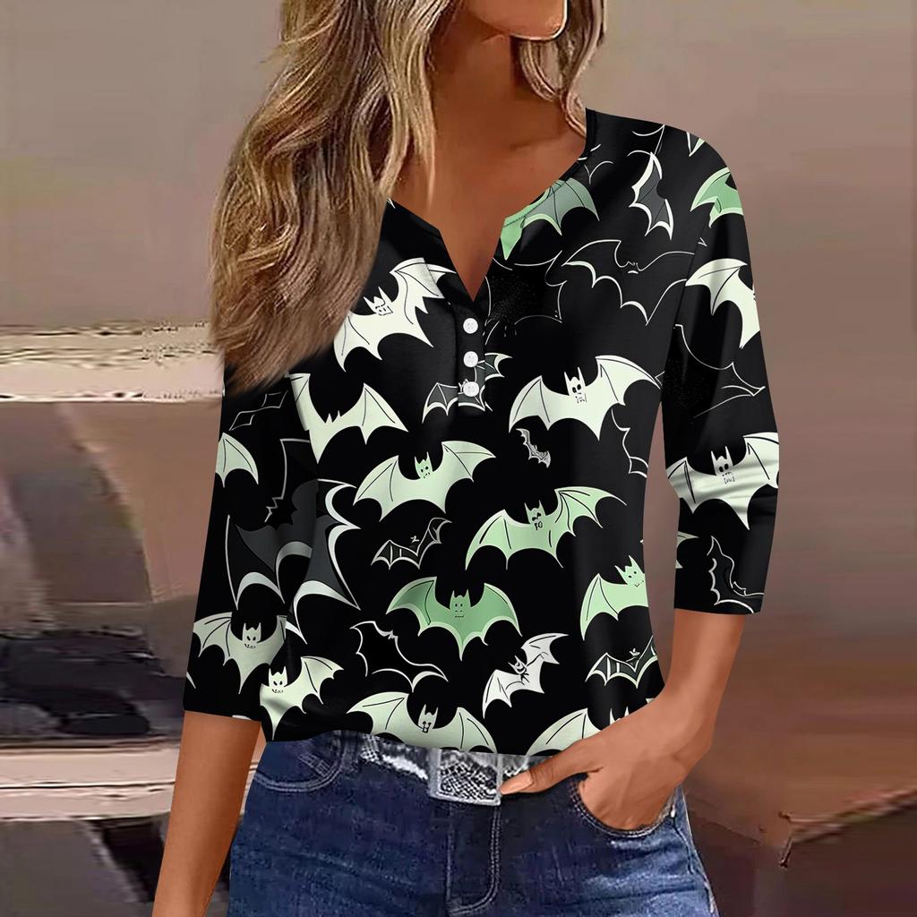 Жен. Футболка Футболка С принтом Пуговицы Рукав 3/4 Повседневные Выходные Мода Классический V-образный вырез Обычный Топ