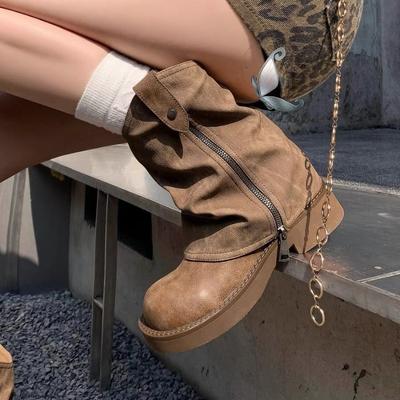 Коровья кожа~ Кожаные ботильоны Merard на скрытой платформе Женские одинарные ботинки На толстой подошве Трубы для брюк Ботинки в западном стиле Ботинки Мартин