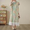 Летнее платье из хлопка и льна, средней длины, с косой планкой на пуговицах-дисках, в литературном стиле, с разрезом сбоку, под чайную церемонию