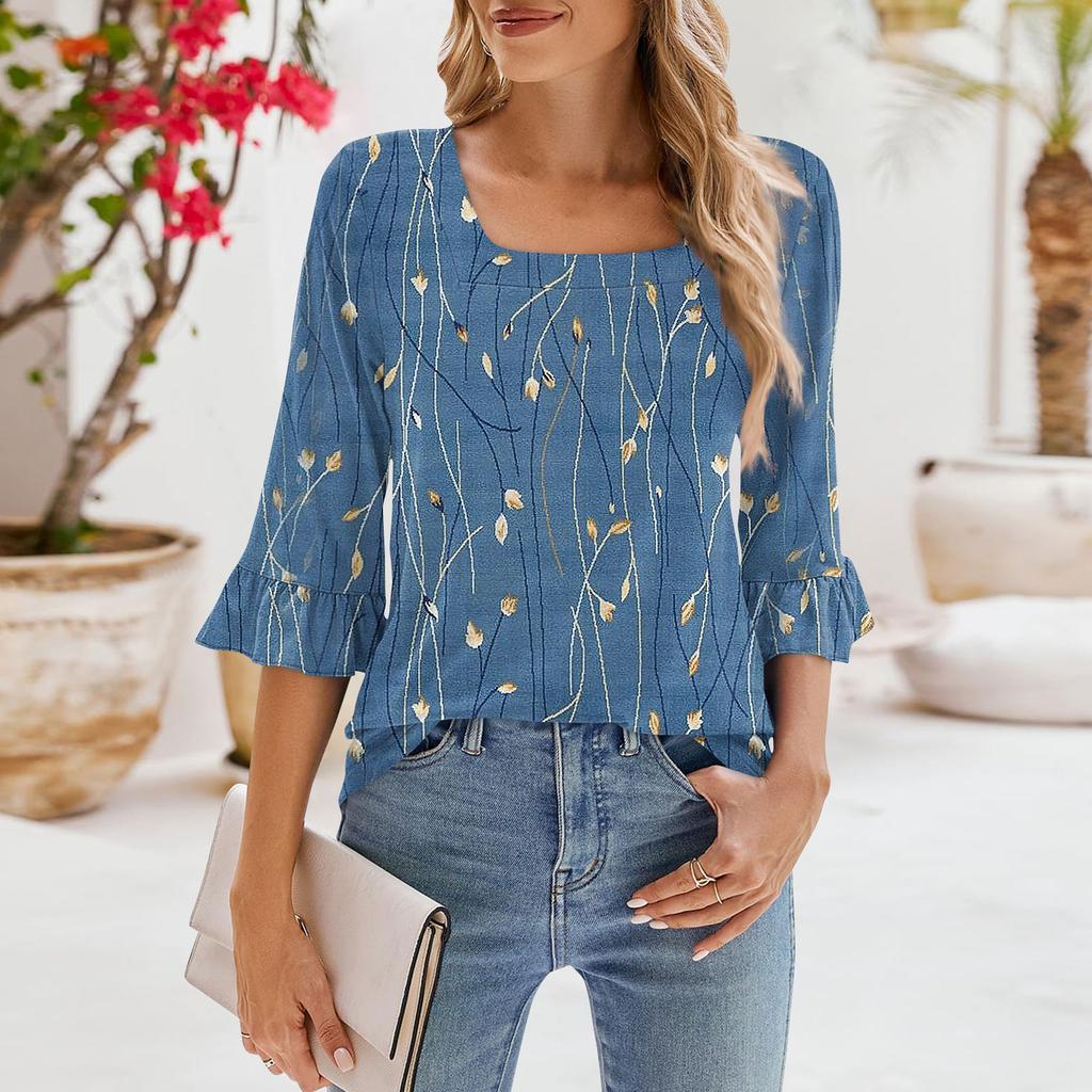 Женские повседневные топы с рукавами 3/4, летние футболки с квадратным вырезом, свободные туники с рюшами, блузки-туники