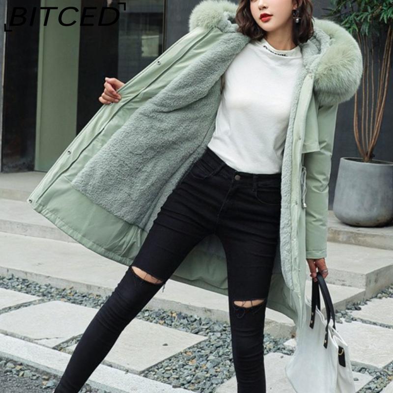 BITCED Winter Women's Mid-Length Cotton Coat with Large Fur Collar and Fleece Lining