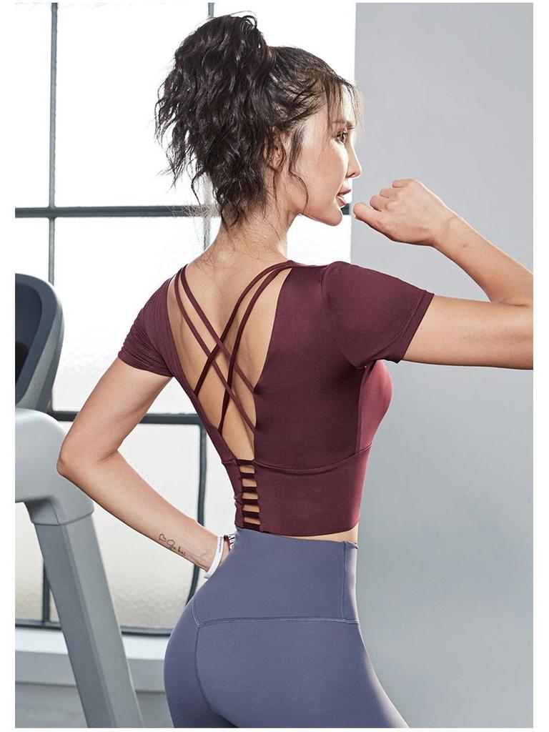 Women's Short Sleeve Yoga Crop Top with Chest Pads - Tight Fit Running and Fitness Vest