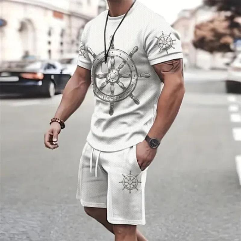 Летний мужской комплект с коротким рукавом в морском стиле с принтом якоря, комплект с короткими рукавами и шортами, мужская футболка с круглым вырезом