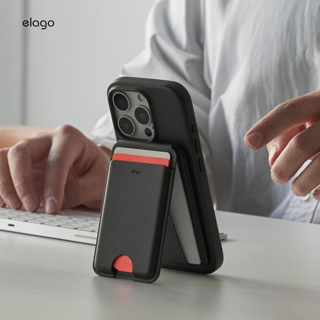 Elago Магнитный кошелек Кошелек из синтетической кожи с держателем для карт MagSafe и карманом для хранения карт с iPhone и подставкой, Черный, Тонкий, Антимагнитный,