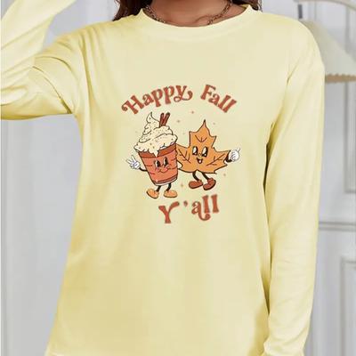 Топы для женщин с рисунком листьев из мультфильма, мороженого, круглым вырезом и длинным рукавом, футболка, осенний повседневный тонкий пуловер, женский топ с длинным рукавом