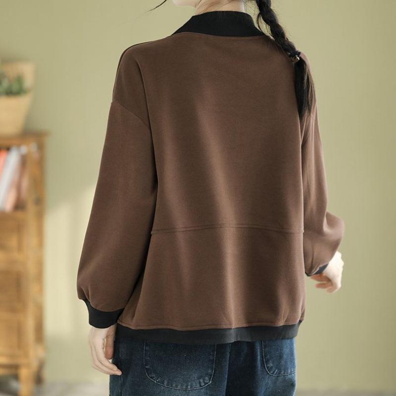 Women's Pullover Sweatshirt Color Blocked Semi High Neck Loose Warm Mom Casual Top Women