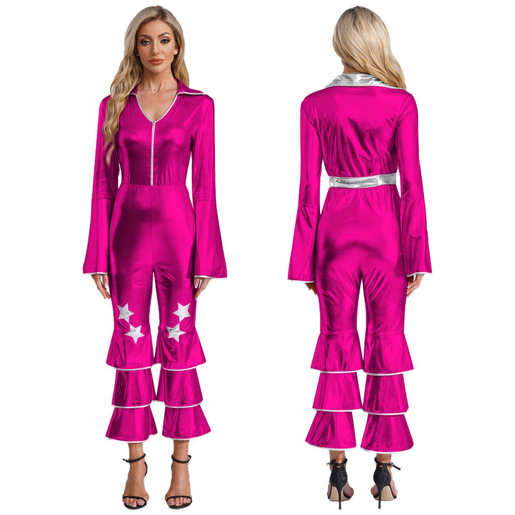 Women Flared Jumpsuit Bar Nightclub Disco Costume Sparkle Retro Cosplay Prom Party Costume 70s 80s Disco Outfit One Piece