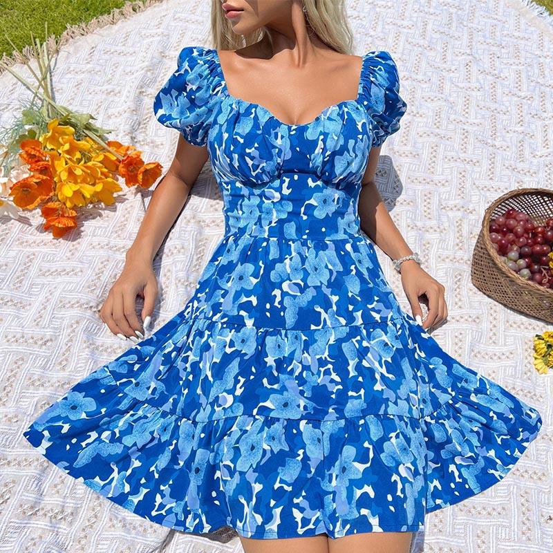 YYFS Женская мода лето весна цветочный принт с коротким рукавом U-образным вырезом с высокой талией повседневные платья