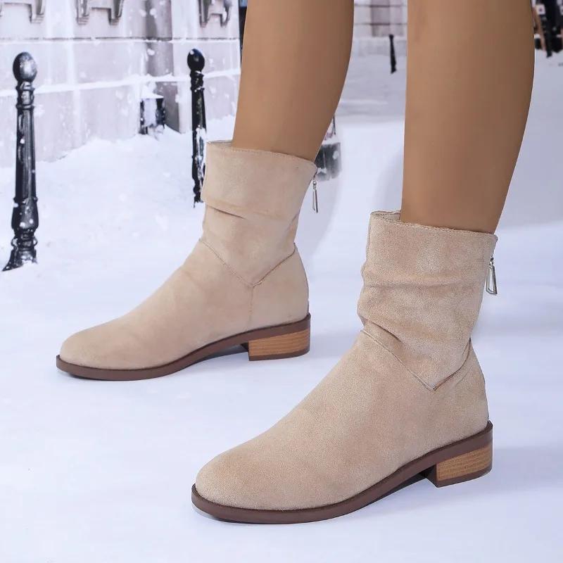 2024 Hot Sale Shoes Female Zipper Women's Boots Winter Round Toe Suede Warm Solid Short Barrel Chunky Heels Plus Size Boots