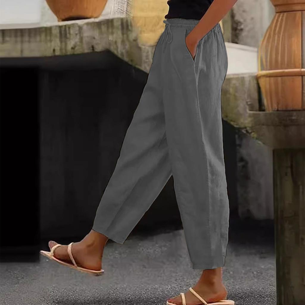 Women's Fashion Loose Cotton Linen Solid Color Casual Side Pocket Elastic Drawstring Trousers